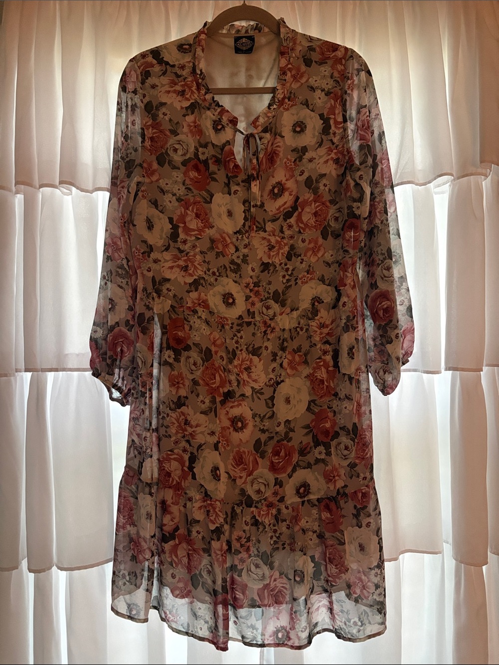 Sheer Floral Tie-Neck Long Sleeve Dress - Pink & Grey